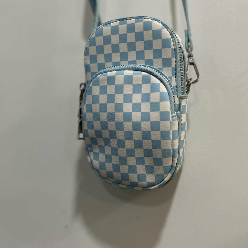 Mini Crossbody Bag Blue White Checkered Adjustable Straps